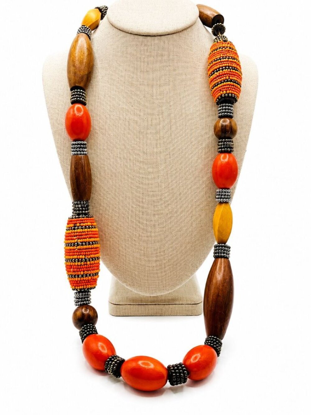 Chico’s Artisan Beaded Necklace NWT Wood & Seed Bead Statement Piece